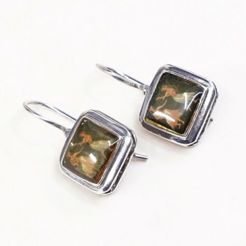 Vtg Sterling 925 Silver Handmade Earrings, solid 925 silver Resin Painting