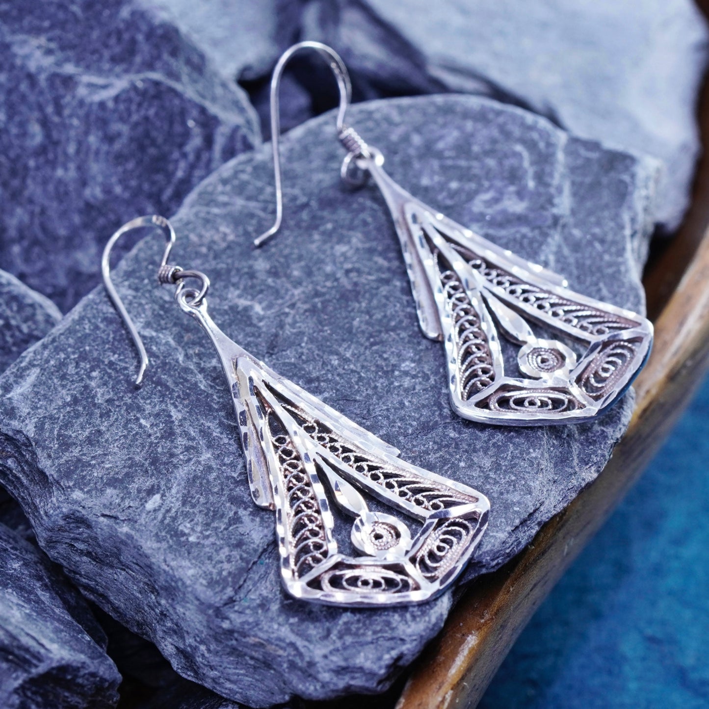 Vintage sterling silver handmade earrings, 925 filigree teardrop drop