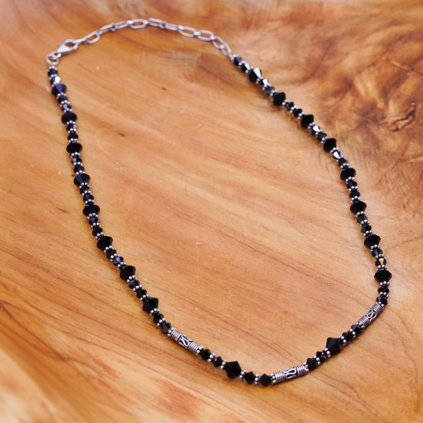 16+3” vintage sterling 925 silver handmade necklace with obsidian beads