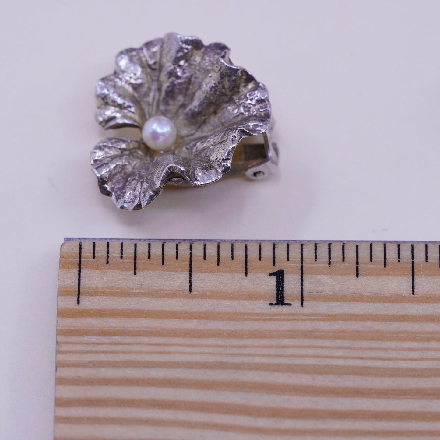 vintage napier sterling 925 silver handmade leaf earrings, clip on with pearl