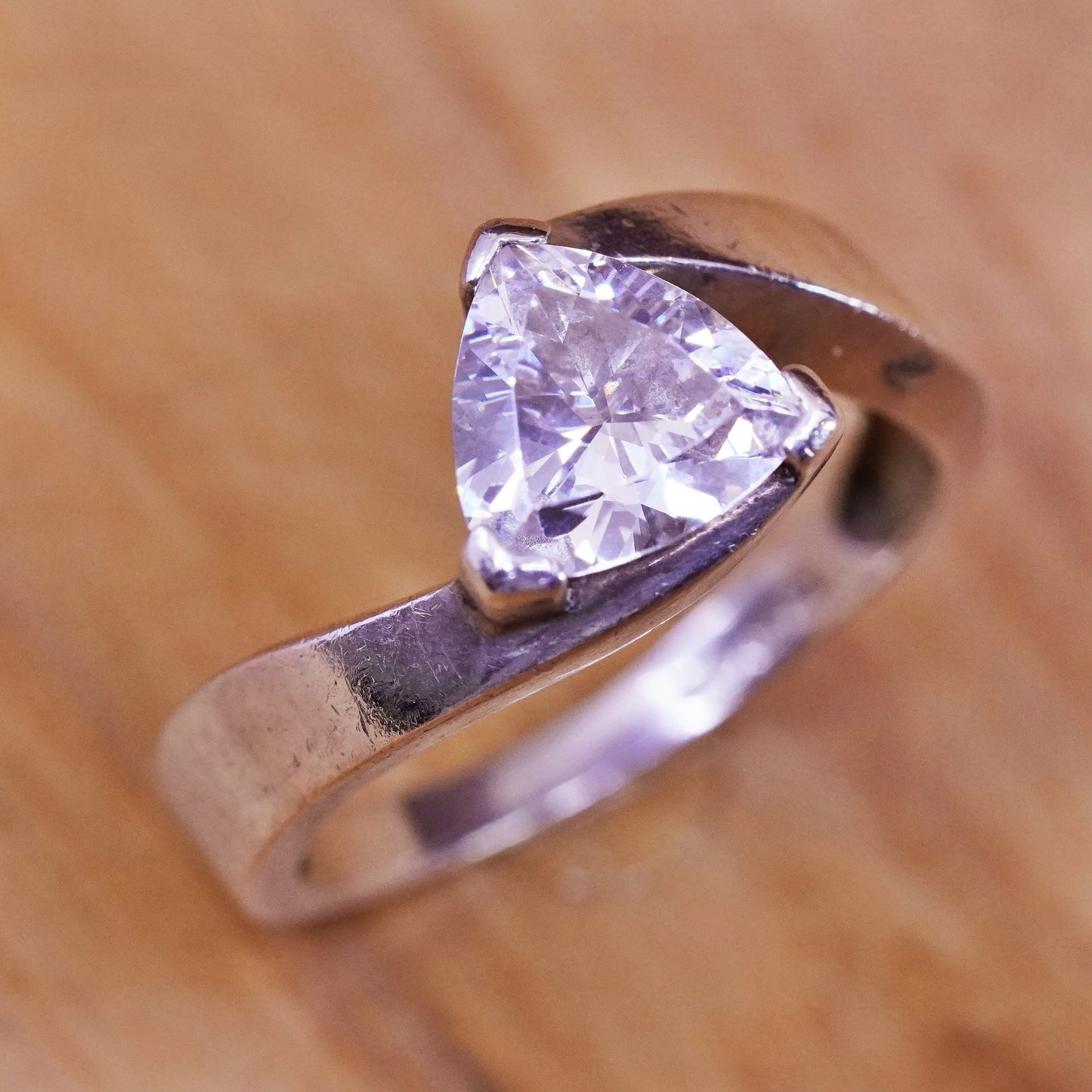 Size 7.25, Sterling silver handmade ring, 925 engagement band w/ triangular cz