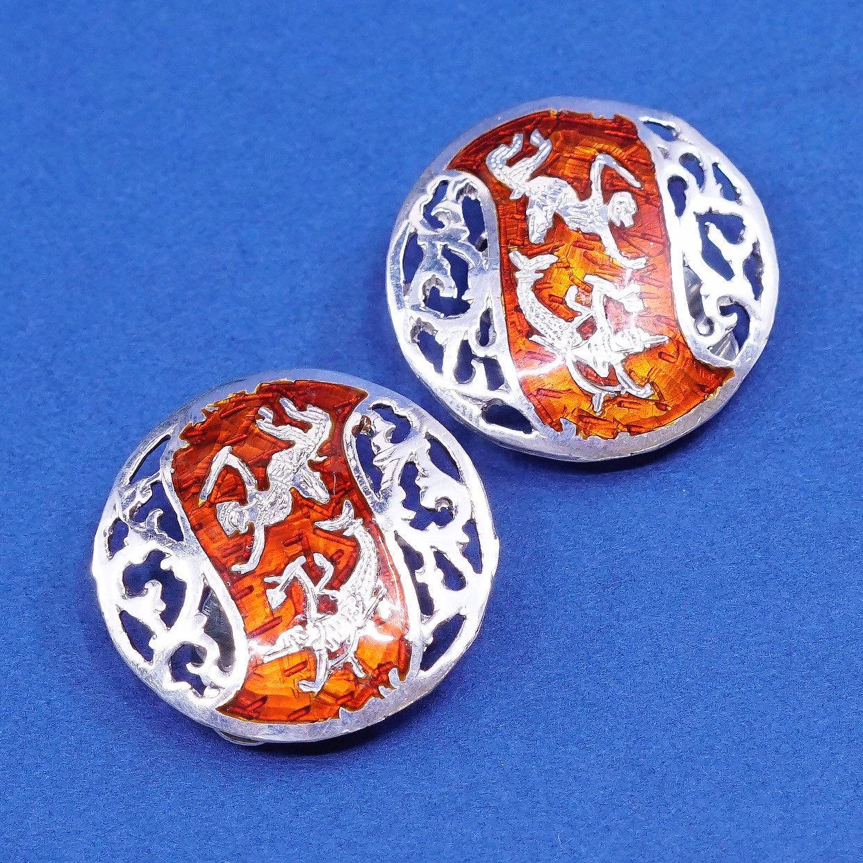 SIAM Sterling silver handmade earrings, 925 clip on w/ enamel Indian goddess