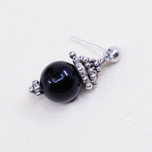 Vintage Sterling Silver Handmade Earrings, 925 Dangles W/ Obsidian N Besds