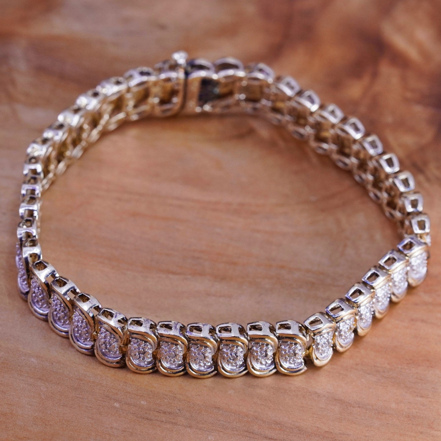 7.5”, vermeil gold over Sterling 925 silver tennis bracelet, chain w/ diamonds