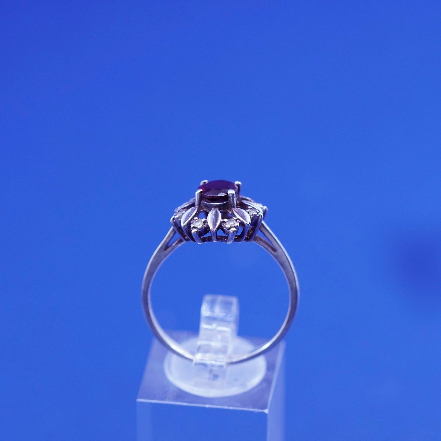Size 10.75, vintage Sterling 925 silver handmade flower ring with Ruby and cz