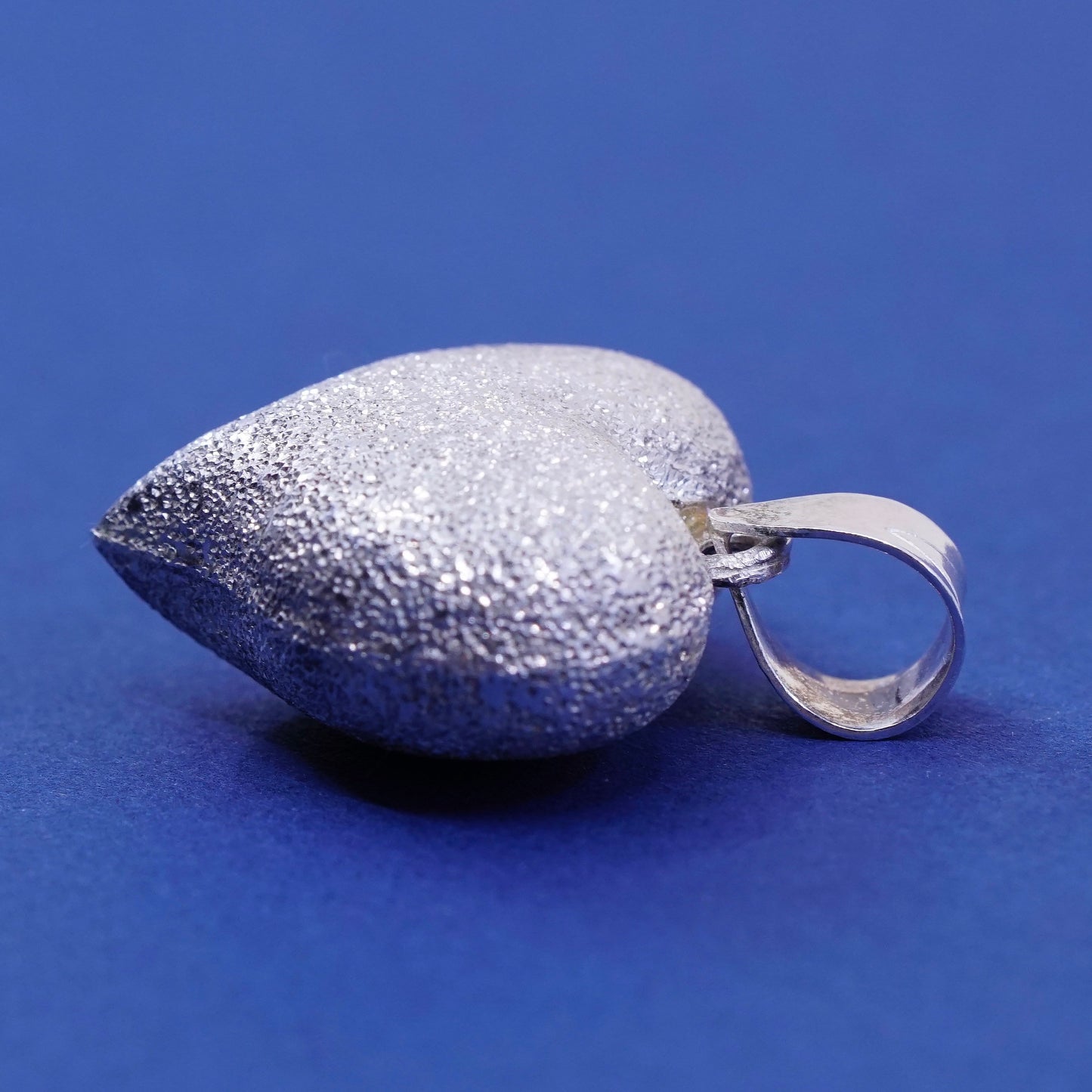 Vintage Sterling silver handmade pendant, glitter surface puffy 925 heart