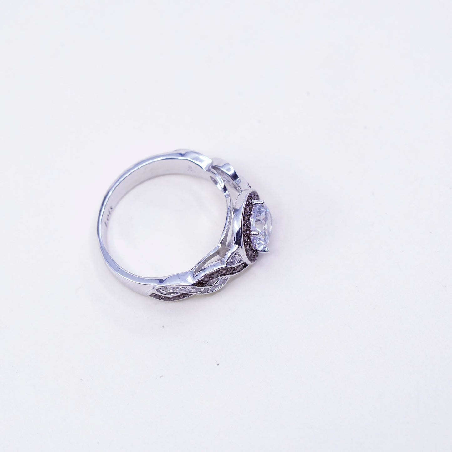 Size 7.25, two tone Sterling 925 silver entwined ring w/ Cz and cluster citrine