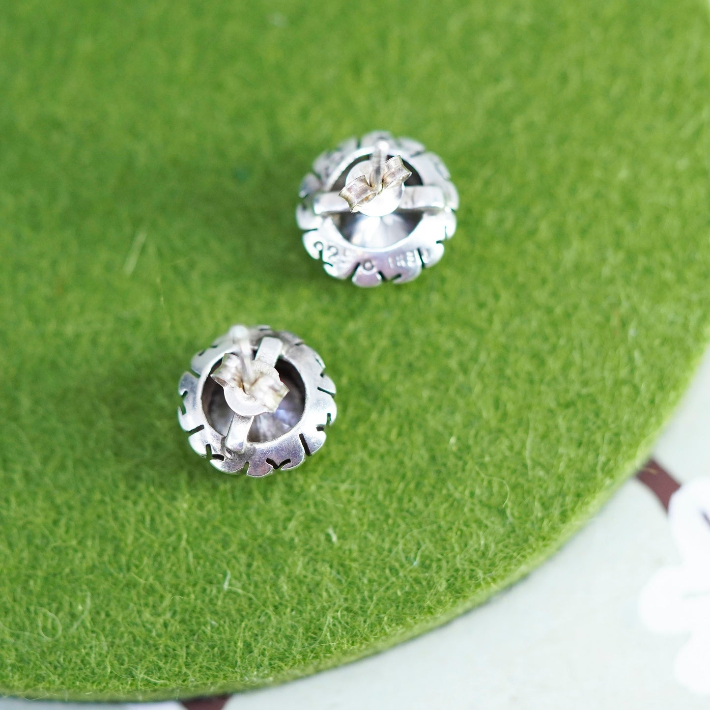 Vintage mexico sterling silver handmade square clear CZ studs, 925 earrings