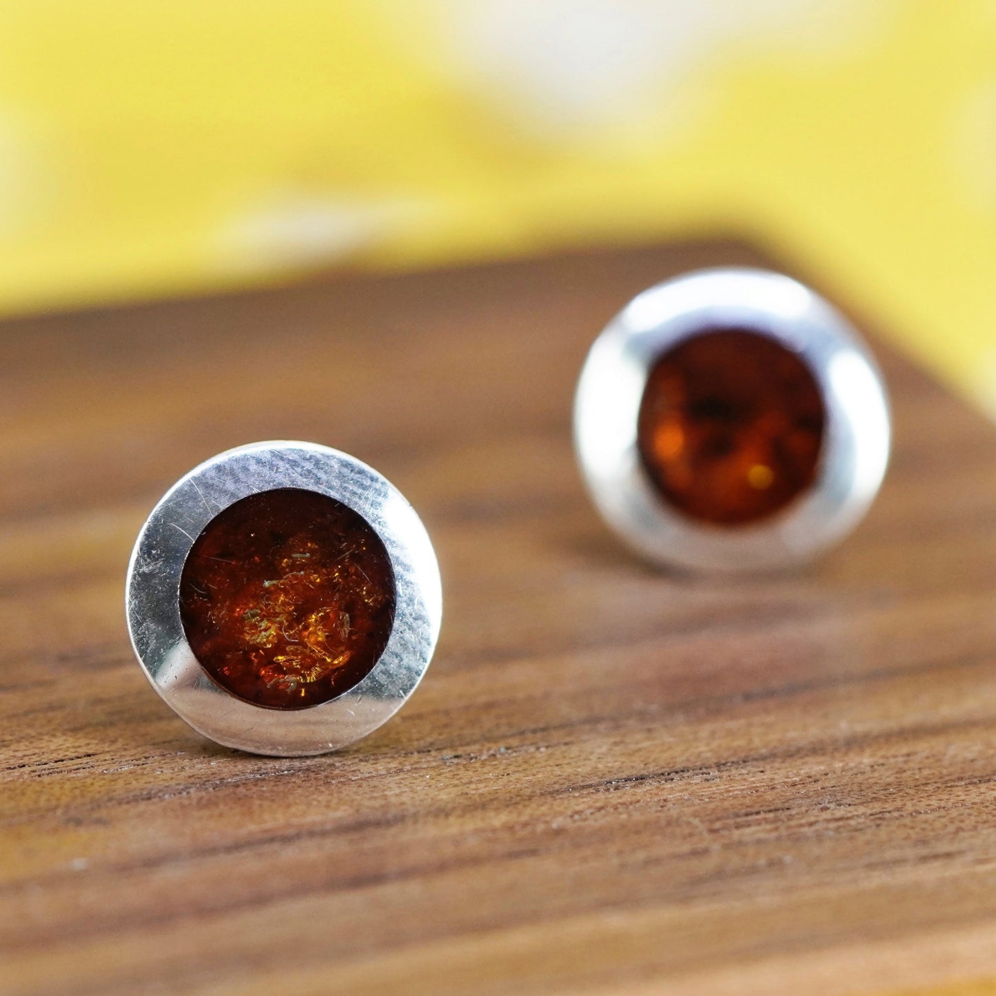 Vintage Sterling Silver Handmade earrings, round 925 studs with amber