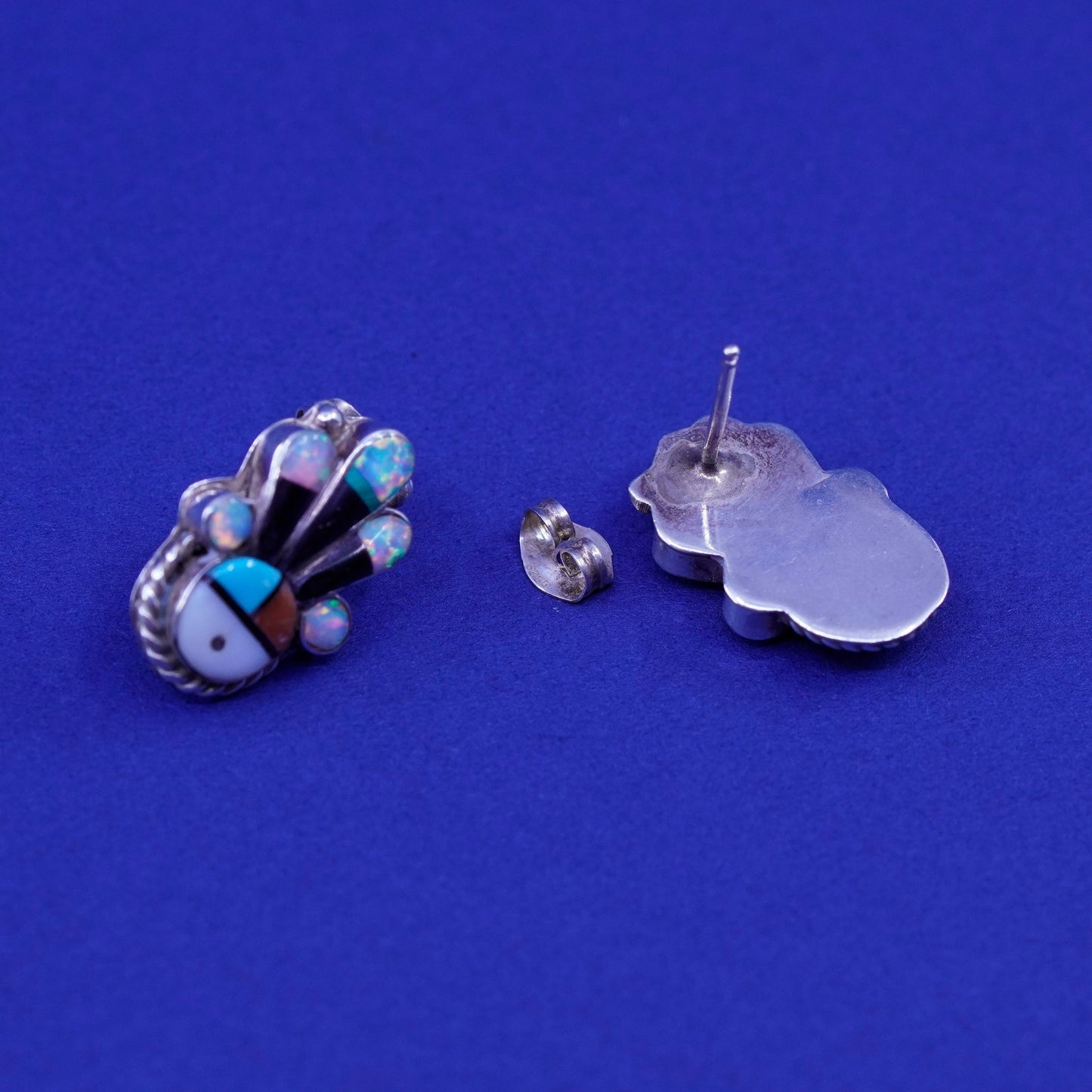 Vintage Native American sterling silver earrings, Zuni 925 studs opal turquoise