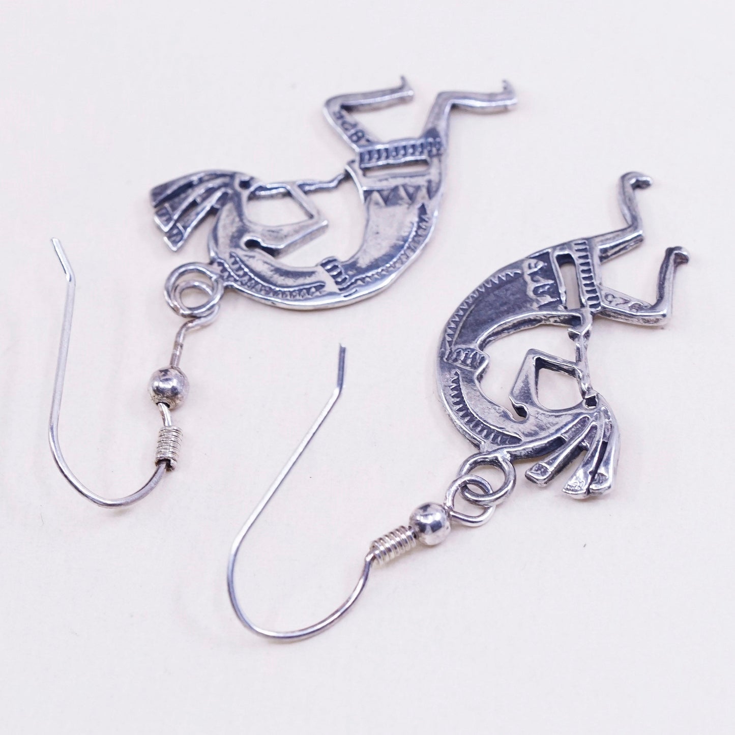 Vintage Sterling silver handmade earrings, fine 925 silver Kokopelli dangles