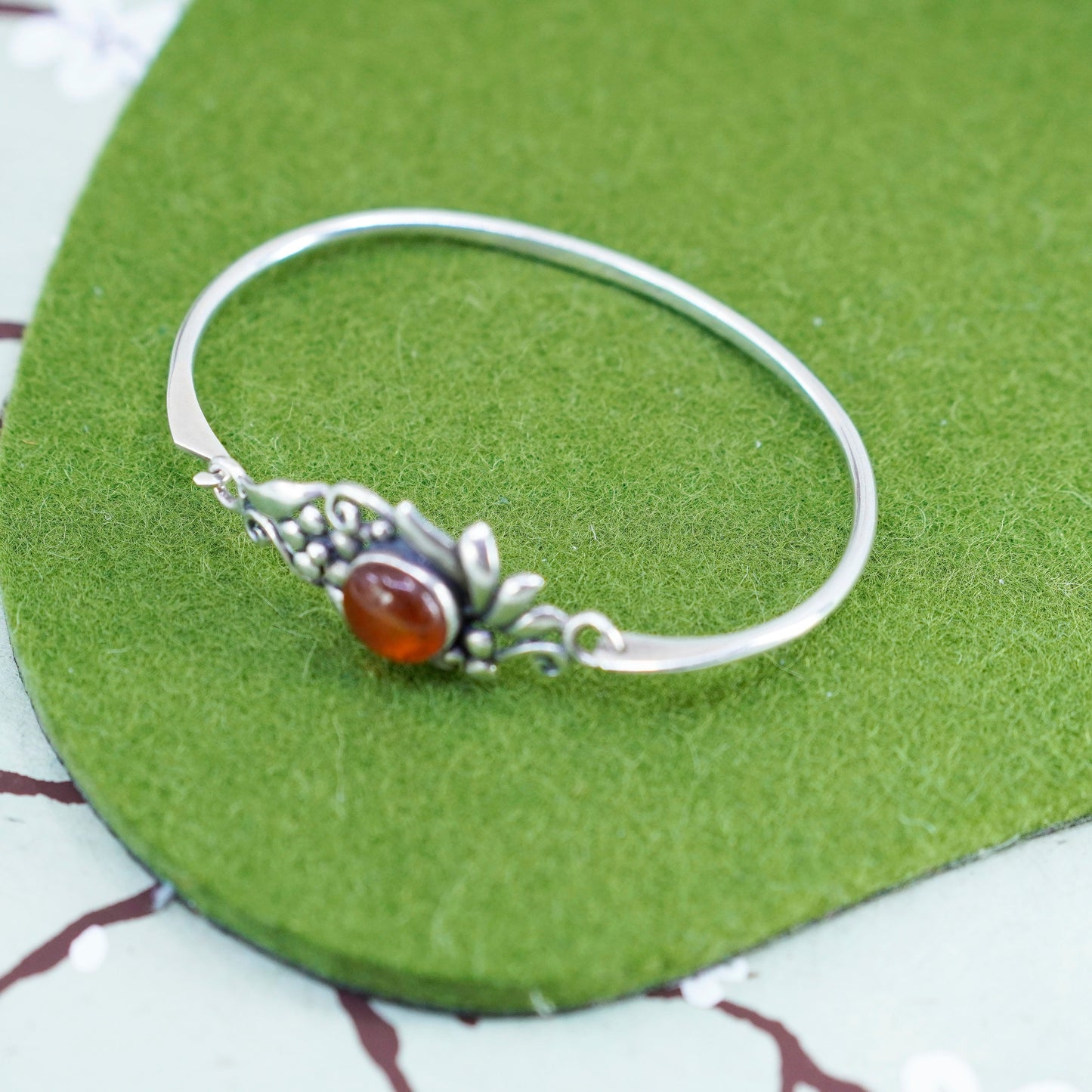 6”, Boma sterling 925 silver handmade tennis leafy bangle bracelet with amber