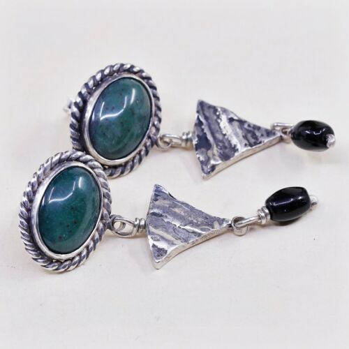 Vtg Amazing handmade Sterling 925 Silver earrings, 925 W/ Jade N Obsidian Dangle