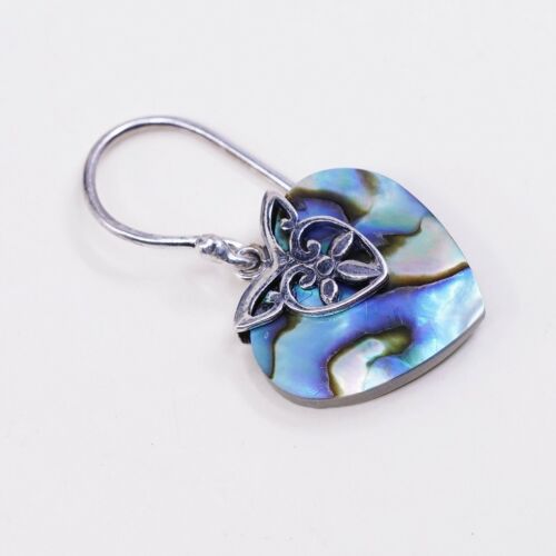 Vtg ATI Indonesia Sterling Silver Handmade Earrings, 925 Heart abalone