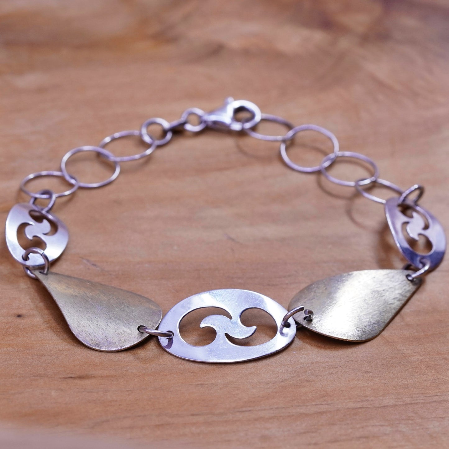 7.5”, vintage two tone Sterling silver handmade bracelet, 925 leafy chain