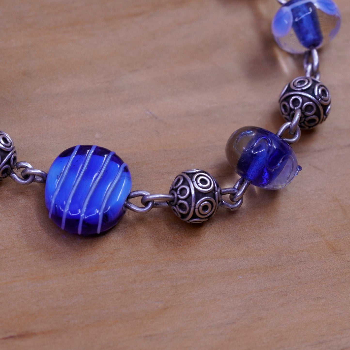 6.75”, handmade bracelet, blue artisan glass beads bracelet Sterling 925 silver