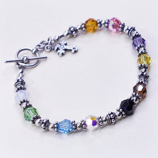 6.5”, Sterling silver handmade bracelet, 925 beads and Crystal and cross charm