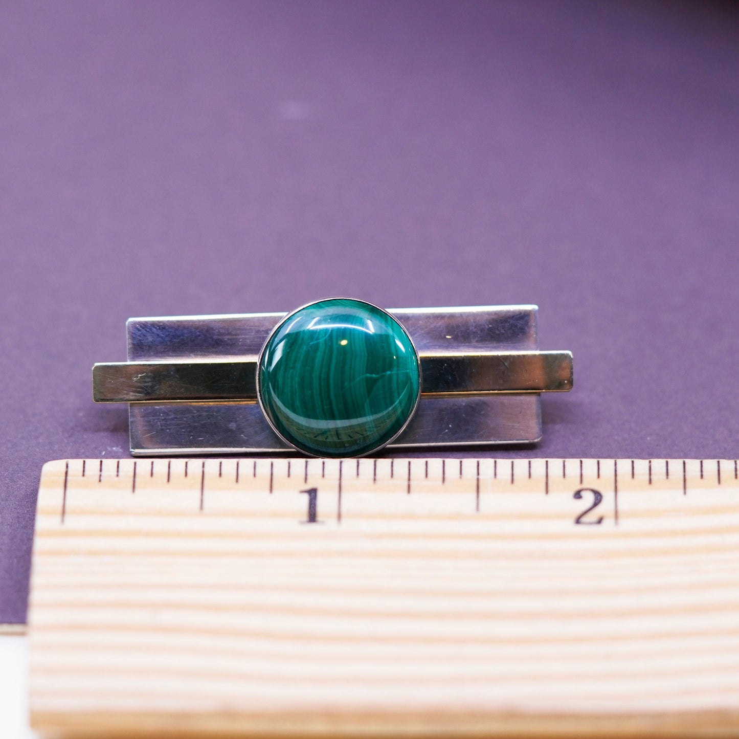 Vintage PJP two tone sterling silver handmade brooch, modern 925 pin malachite