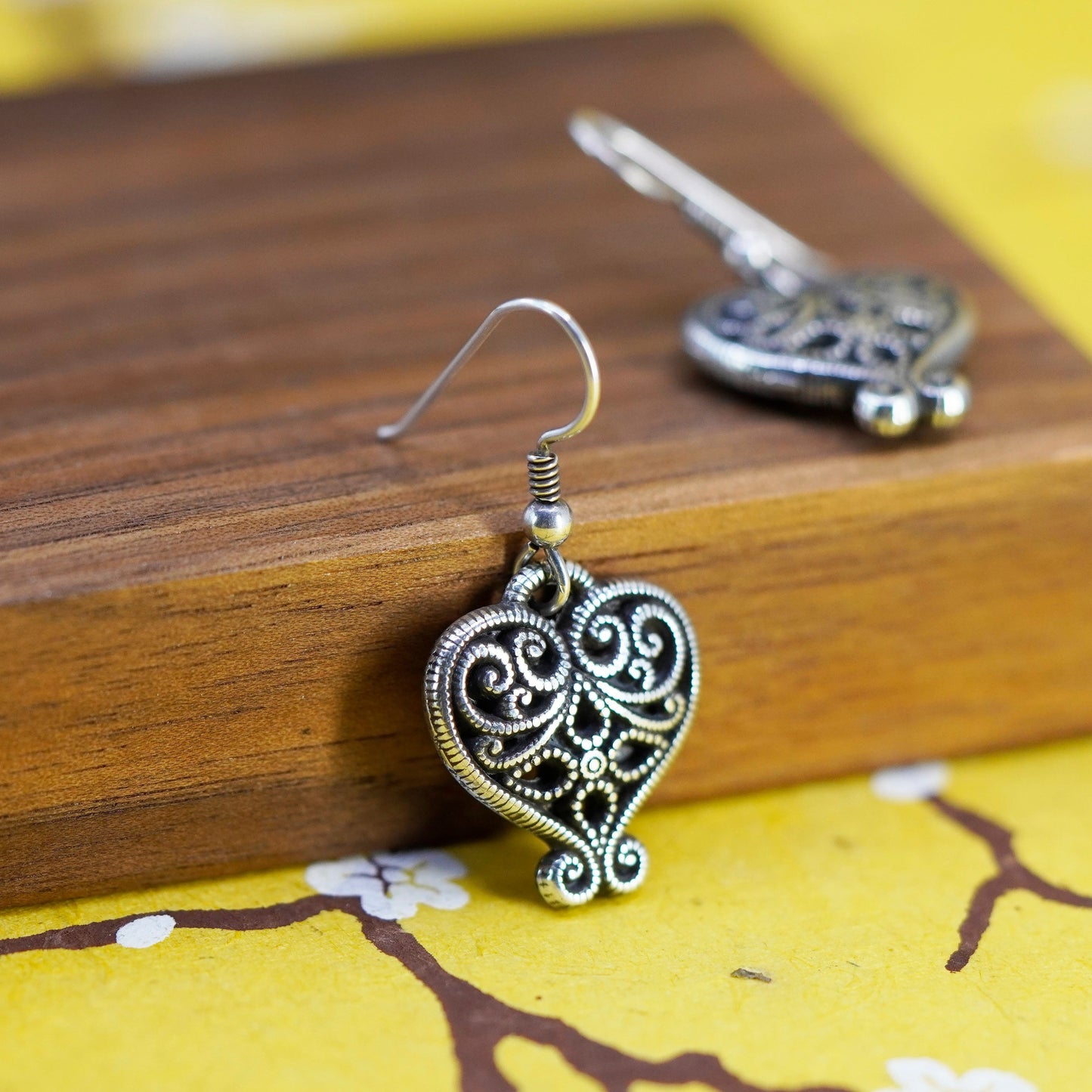 Vintage Sterling silver handmade earrings, 925 filigree heart dangles