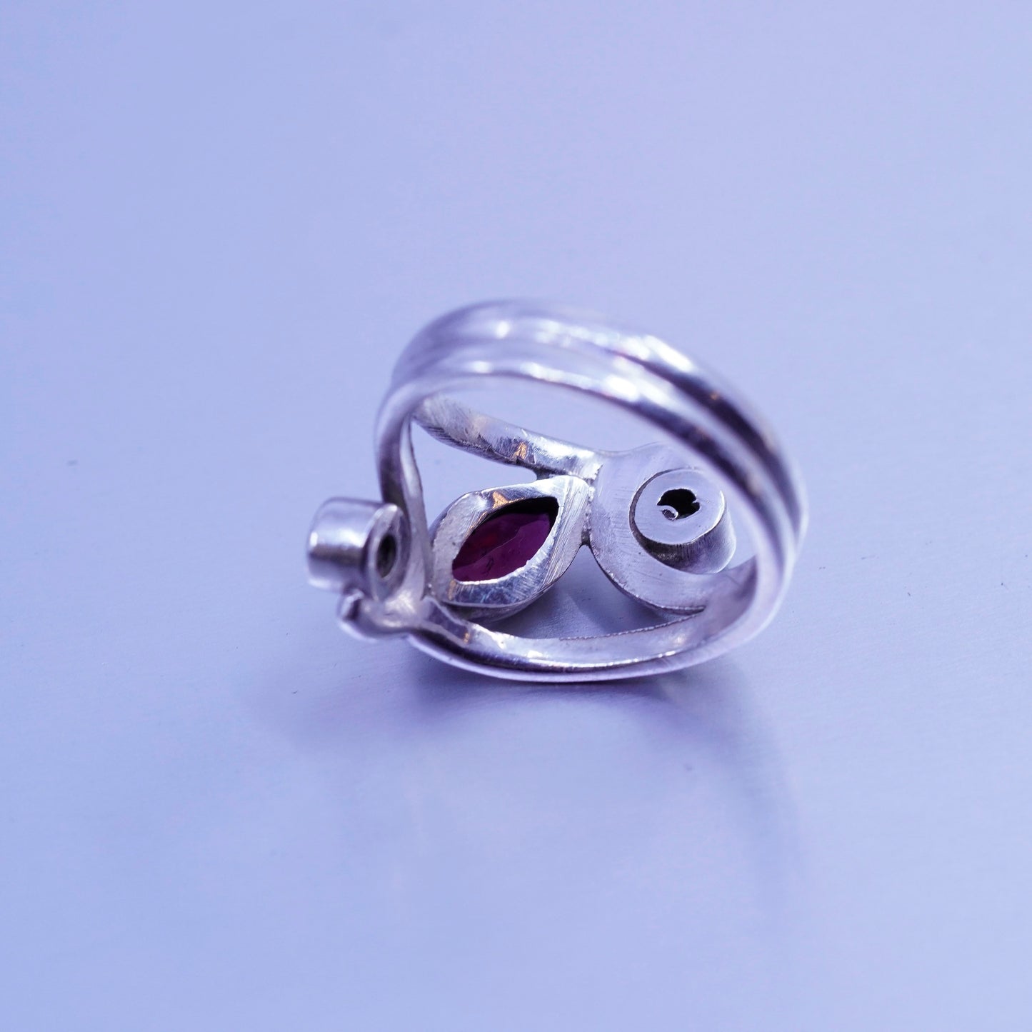 Size 7.5, vintage Sterling 925 silver handmade wide ring amethyst ruby peridot