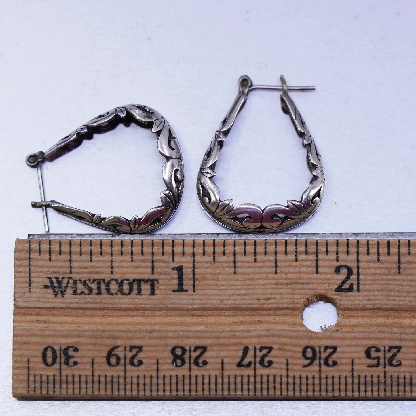 0.75”, vintage Jezlaine Sterling silver filigree hoop earrings, 925 huggie