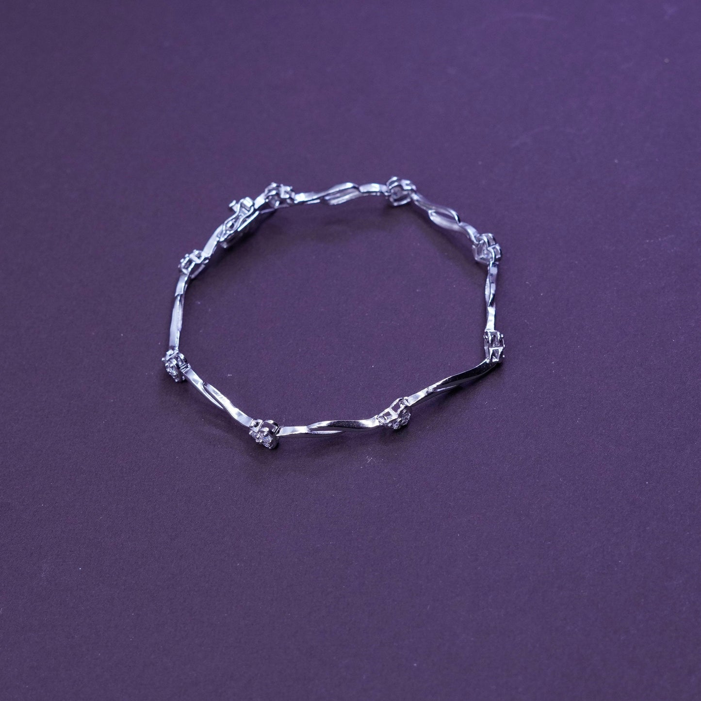 7”, Sterling silver handmade tennis bracelet, 925 wave with heart and crystal