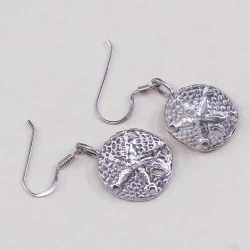Vtg Sterling Silver Handmade Earrings, Silver Sand Dollar Dangles, Stamped 925
