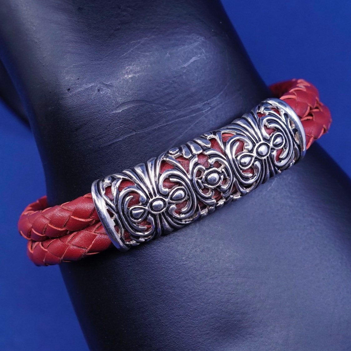 5.5", Sterling silver handmade bracelet, 925 cuff braided red leather wrapped