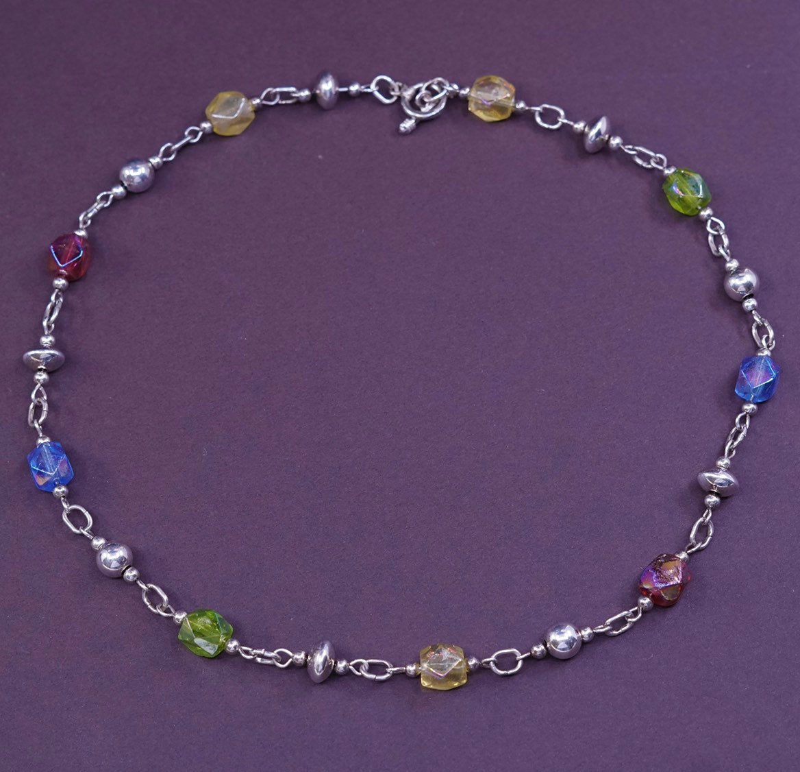 16", Sterling silver necklace 925 circle chain w/ crystal beads Toggle Closure