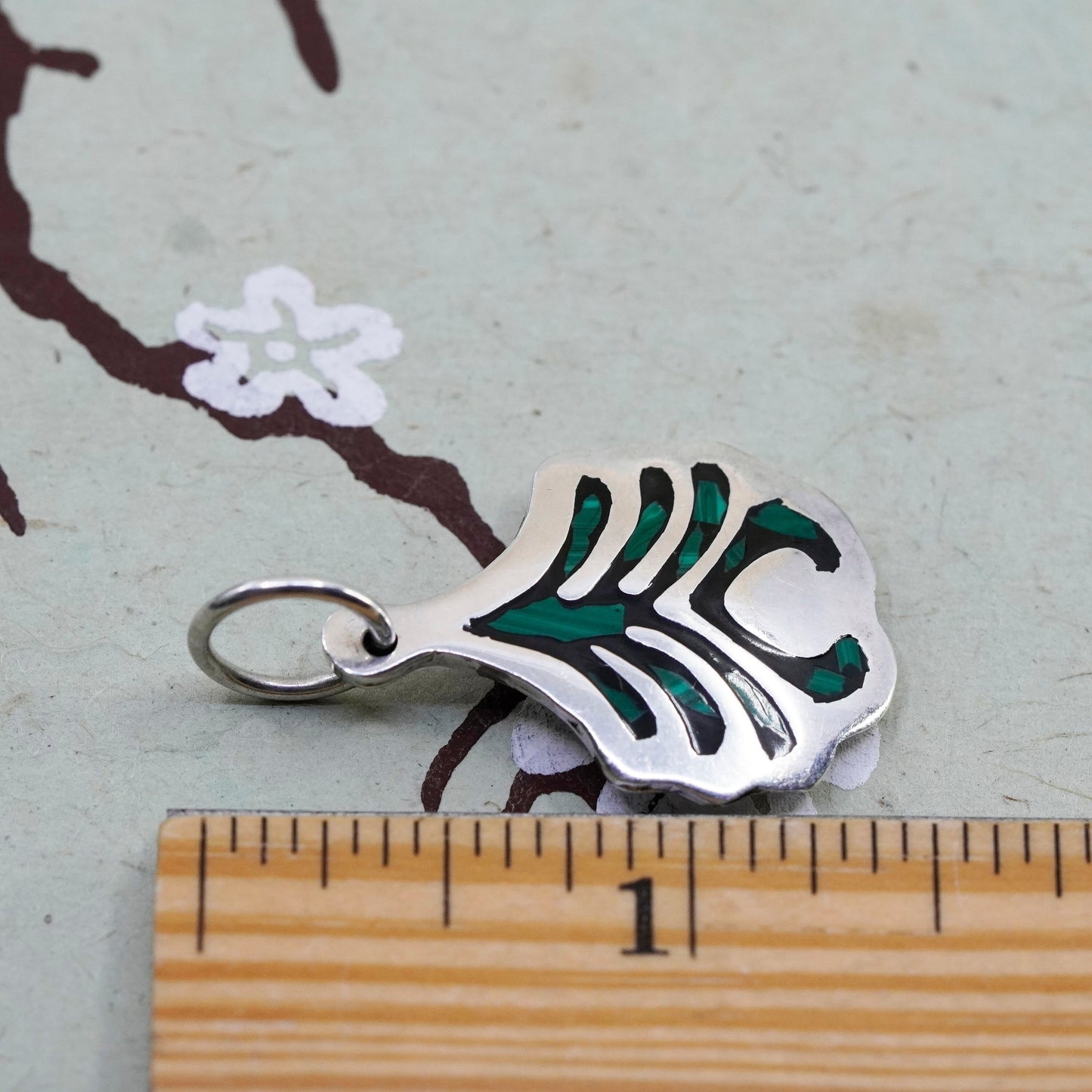 Vintage Mexico sterling silver handmade slide pendant, 925 fish with malachite