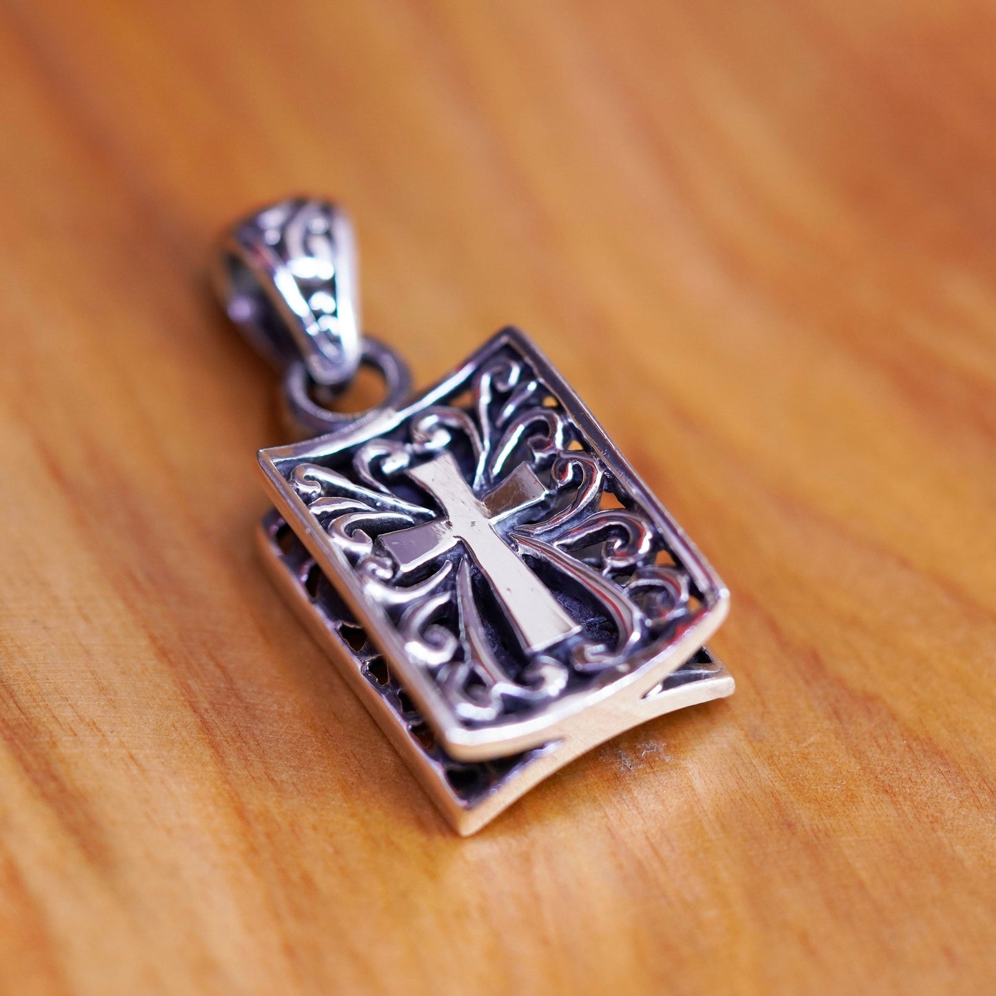 Vintage Sterling Silver Handmade Pendant, filigree 925 cross and fish