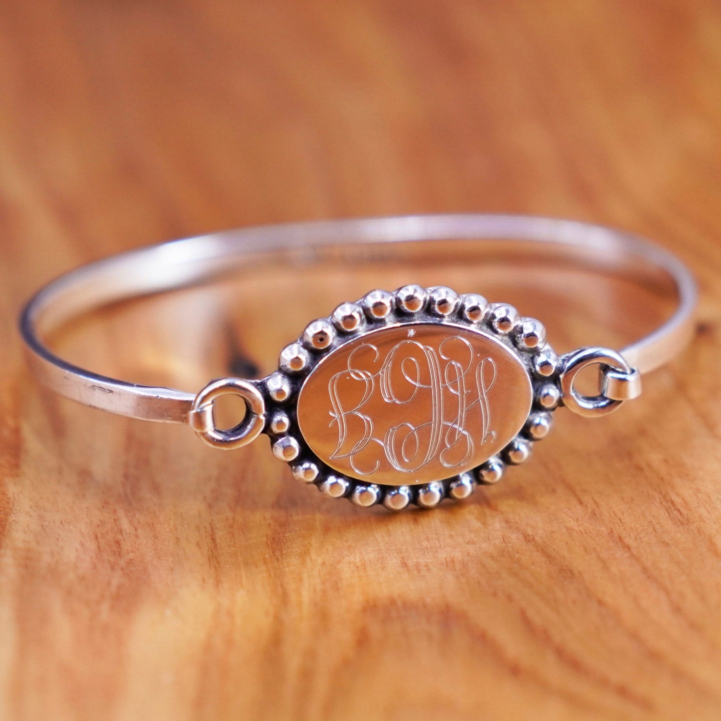 7”, antique sterling silver handmade bracelet, 925 bangle name tag monogram HCG