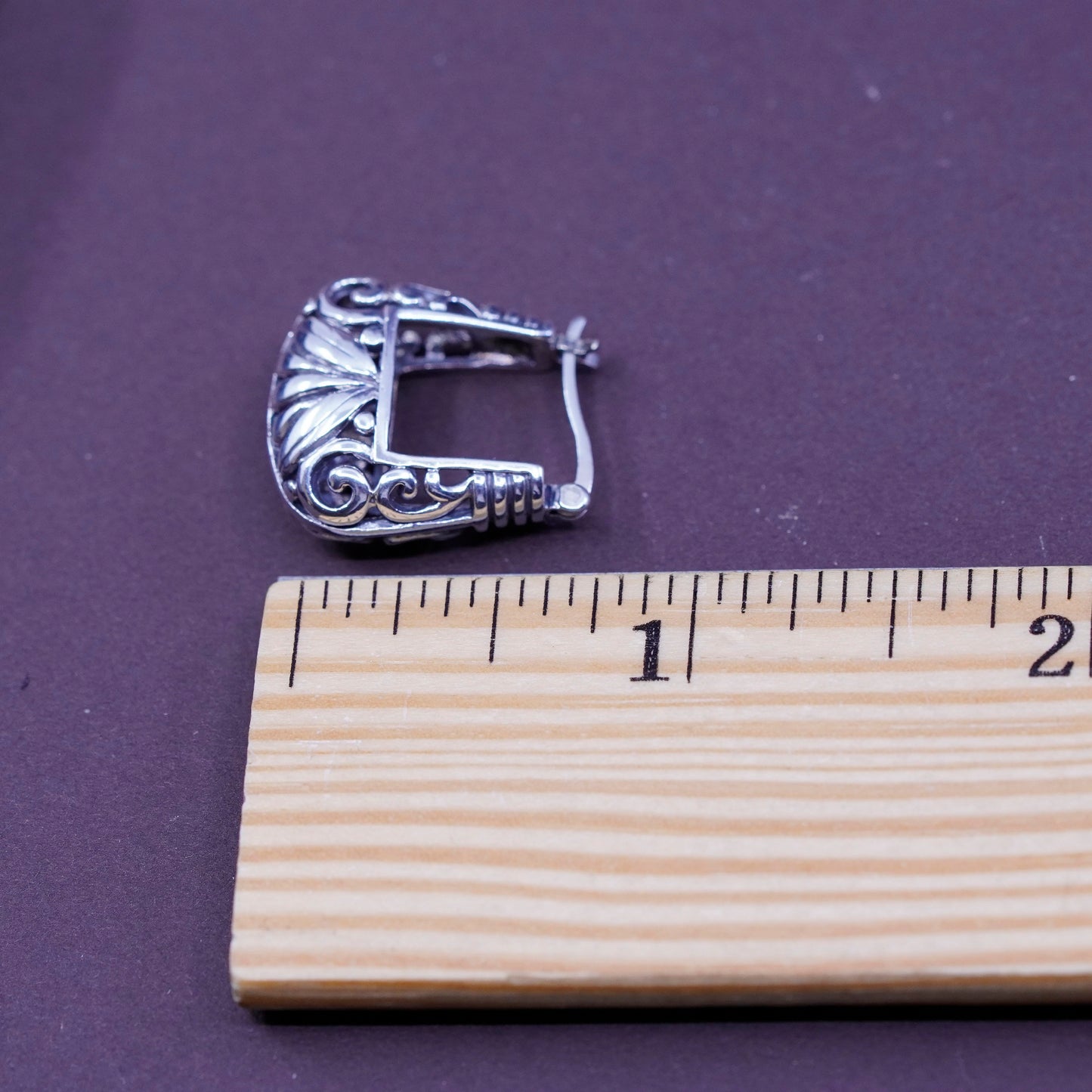 0.75”, vtg Sterling silver handmade earrings, 925 huggie, filigree hoops, Bali