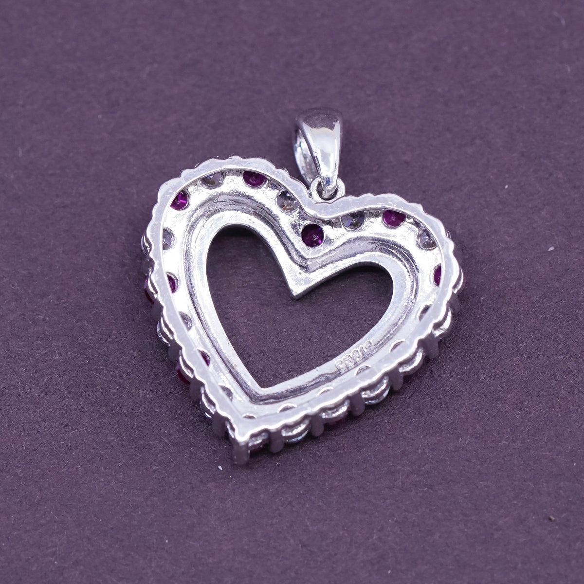 Vintage Sterling 925 silver heart shaped pendant with ruby and crystal
