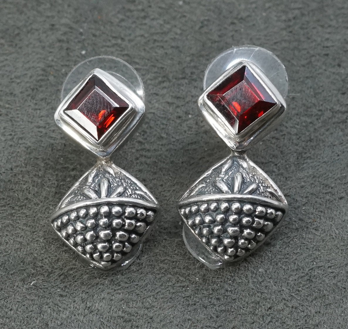 Vintage sterling silver handmade earrings, Mexican 925 ruby studs w/ beads