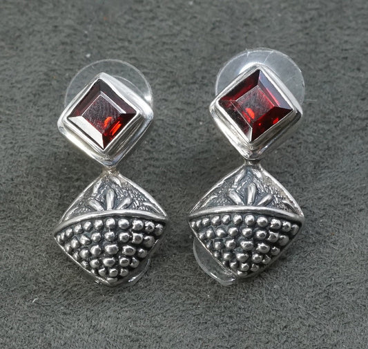 Vintage sterling silver handmade earrings, Mexican 925 ruby studs w/ beads