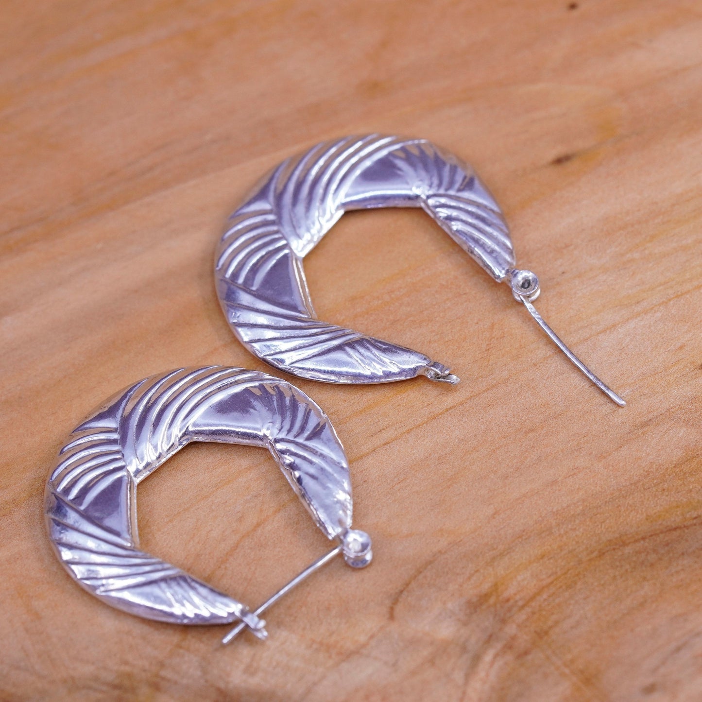 1.25”, Sterling silver twisted hoop earrings, 925 textured flatten huggie