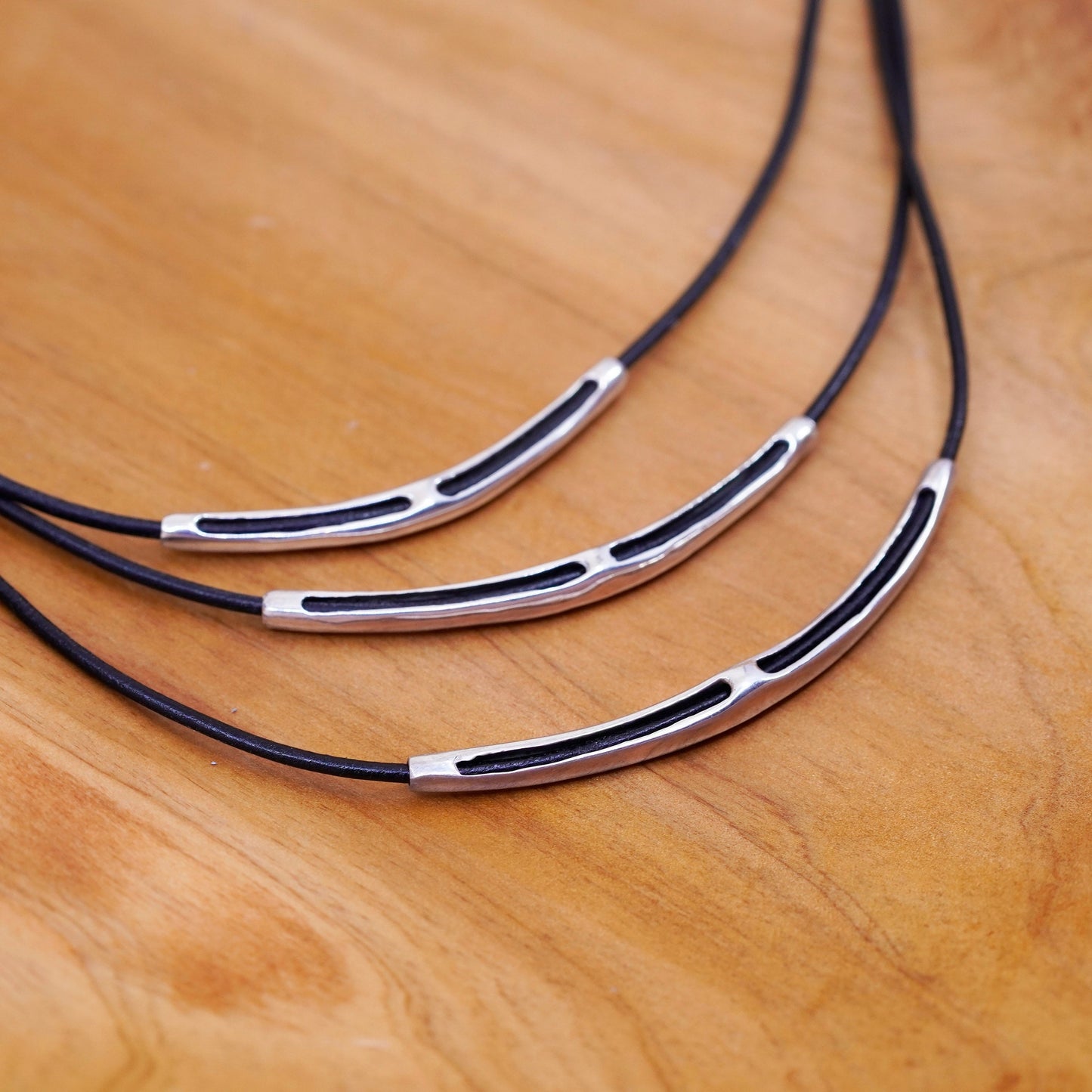 16+2”, Silpada Sterling 925 Silver Black Leather Cord 3 Bar Necklace N1571