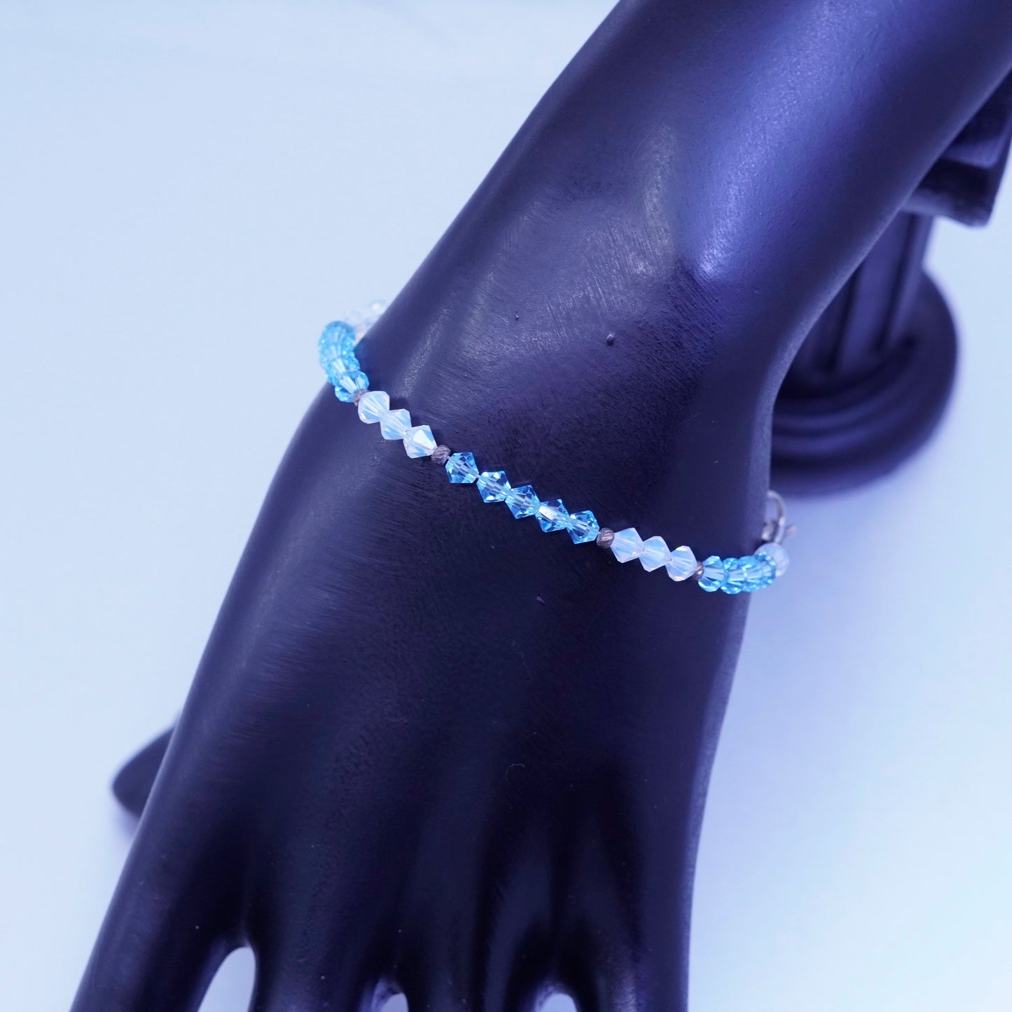 6.5”, vintage Sterling 925 silver bracelet with blue crystal beads