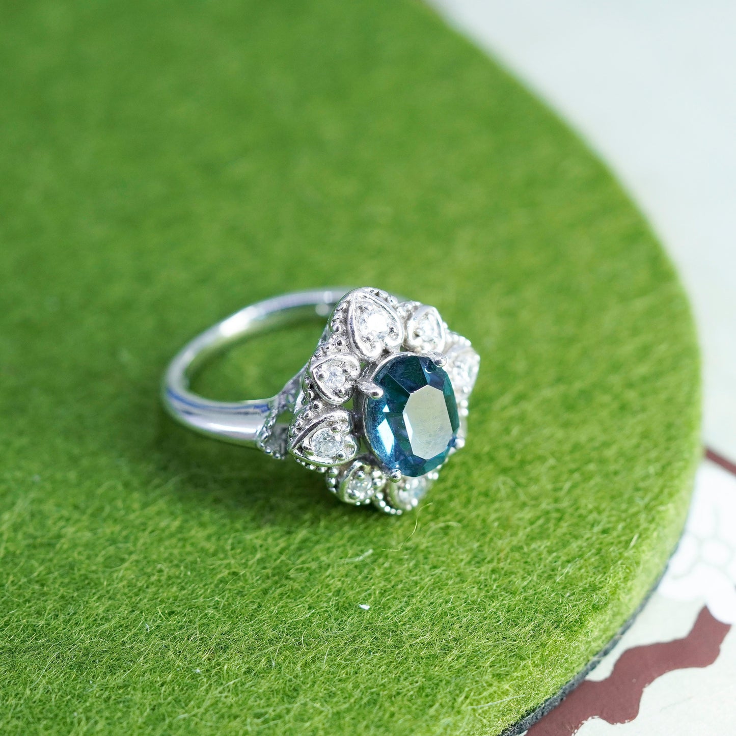 Size 7, vintage sterling 925 silver handmade ring with blue topaz and cz