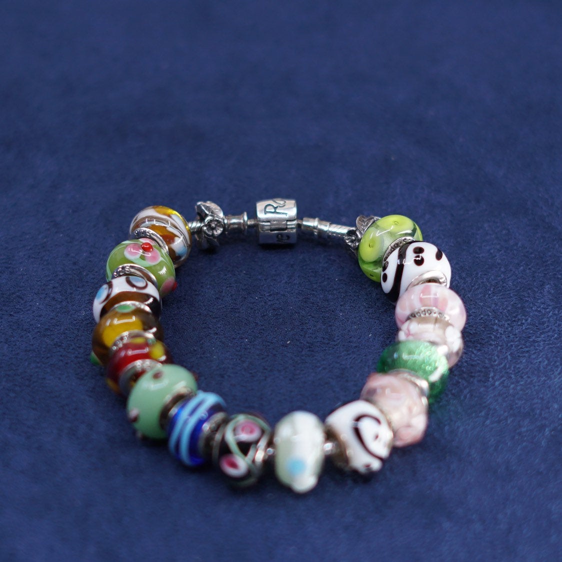 6.75", Silverado sterling 925 silver snake chain bracelet, murano glass beads