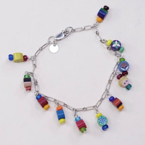 7” Vtg Imagine Sterling Silver Handmade Bracelet, 925 chain w/ Colorful charms