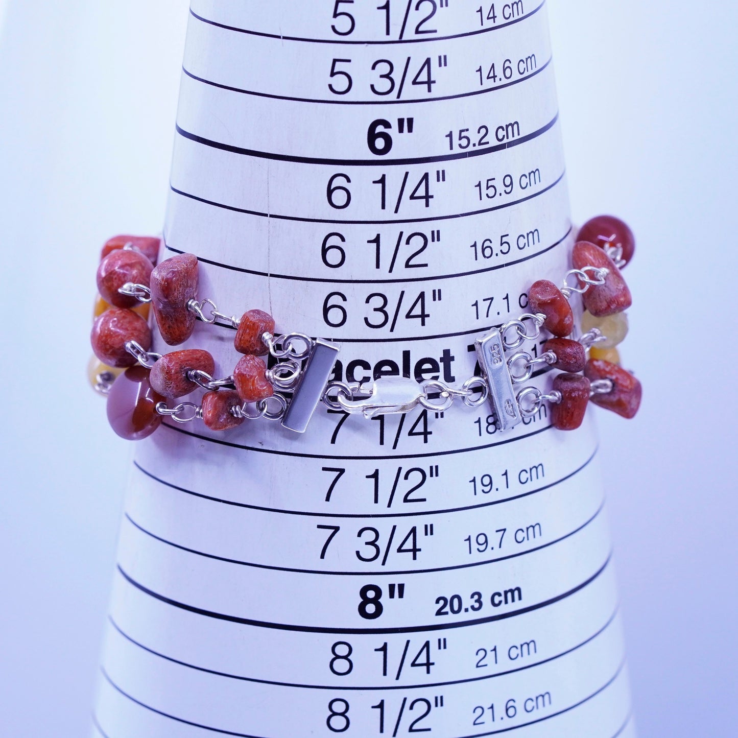 7”, vtg Sterling 925 silver beaded bracelet w/ agate coral citrine carnelian