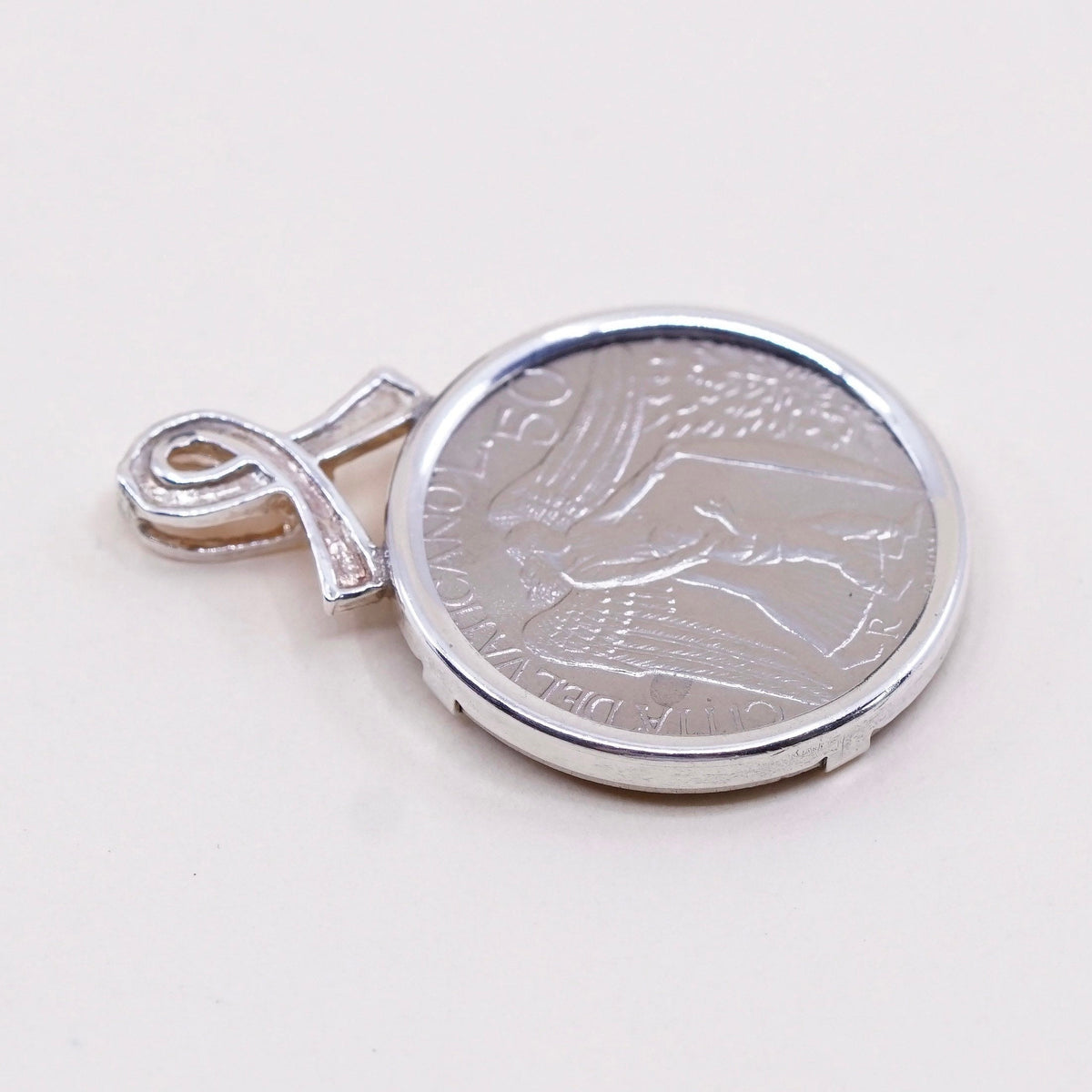 Sterling 925 silver handmade ribbon pendant, Citta Del Vaticano 50 coin charm
