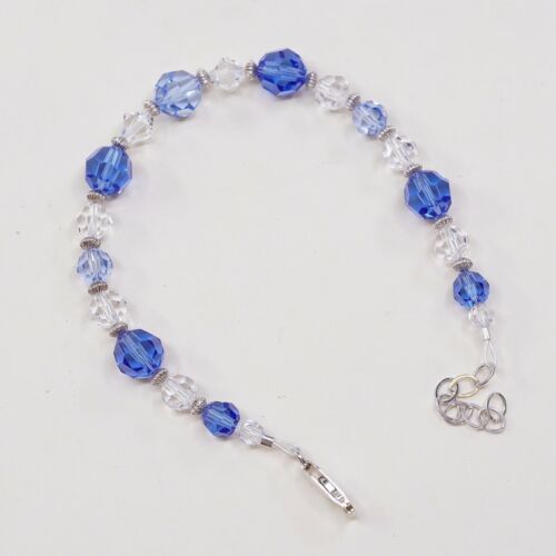 6.5”, Mexico Sterling 925 Silver Handmade Bead Bracelet, Blue Crystal beads