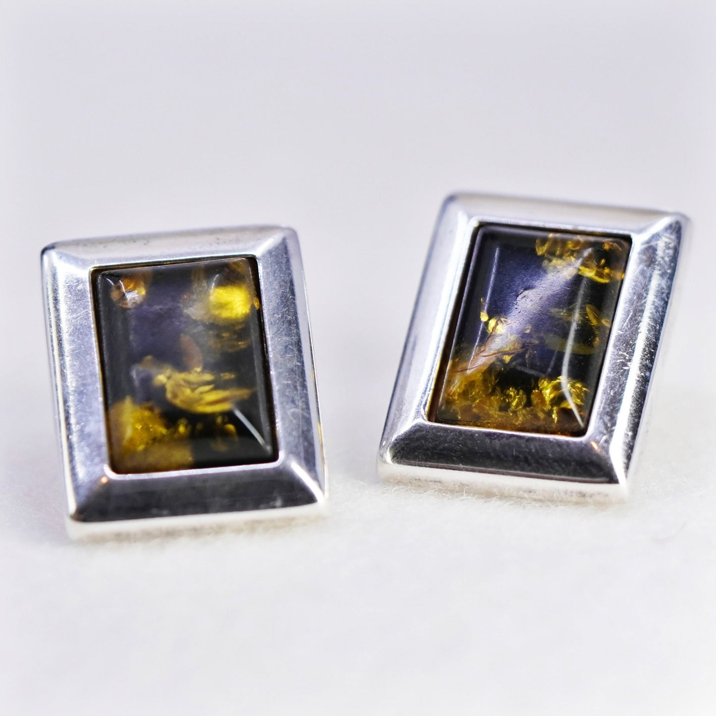 Vintage Sterling 925 silver handmade earrings, rectangular amber studs