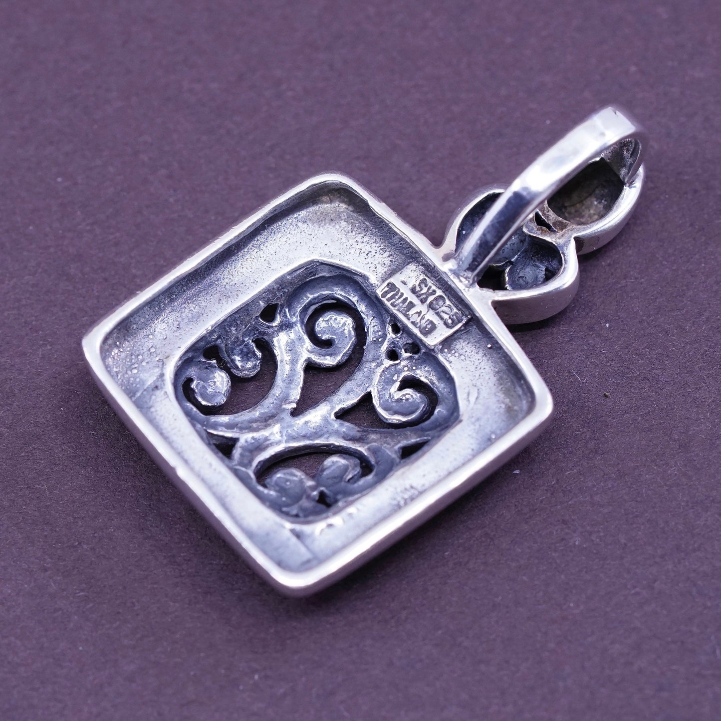 Vintage Sterling silver handmade pendant, 925 square with Bali filigree
