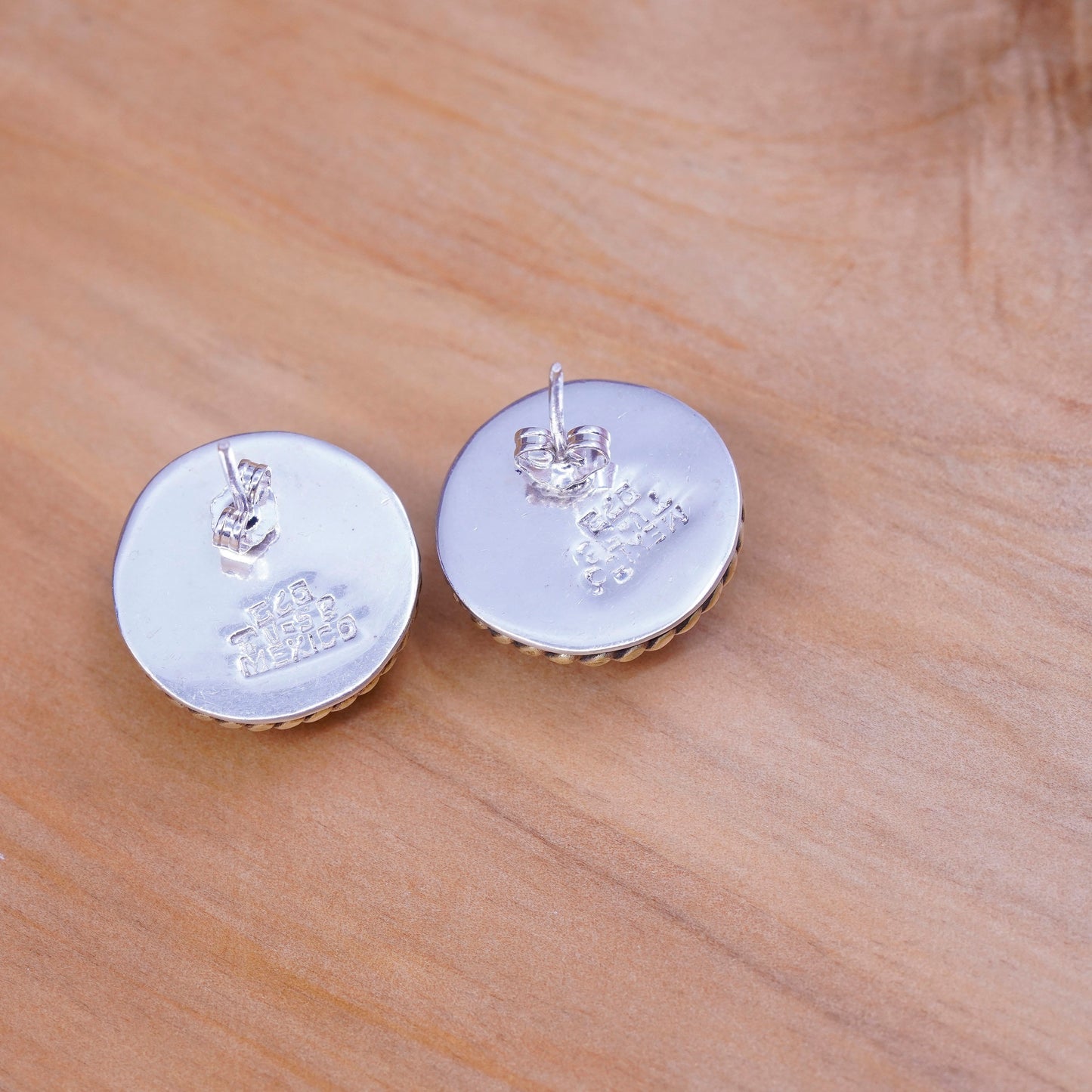 Two Tone Sterling silver handmade earrings, mexico 925 round studs with brass