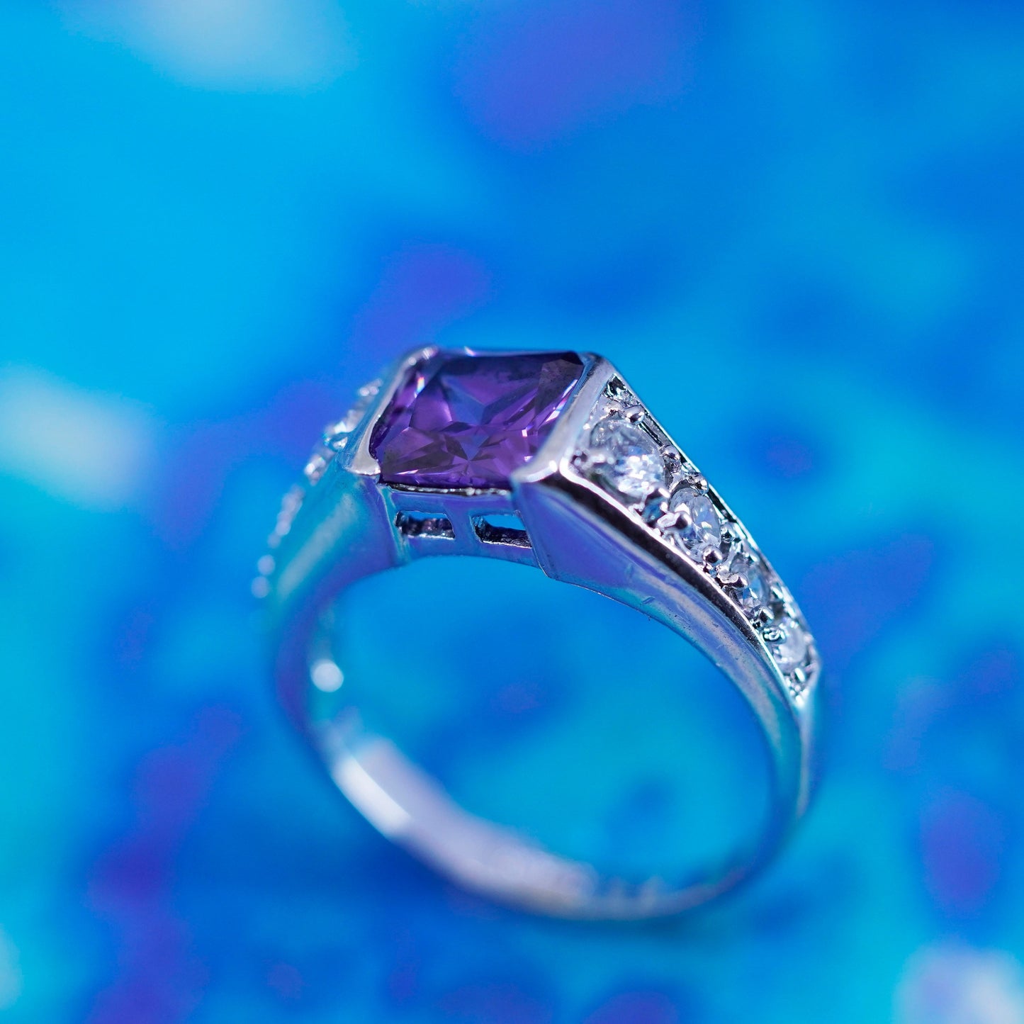 Size 10.25, vintage Sterling silver handmade ring, 925 band square amethyst cz