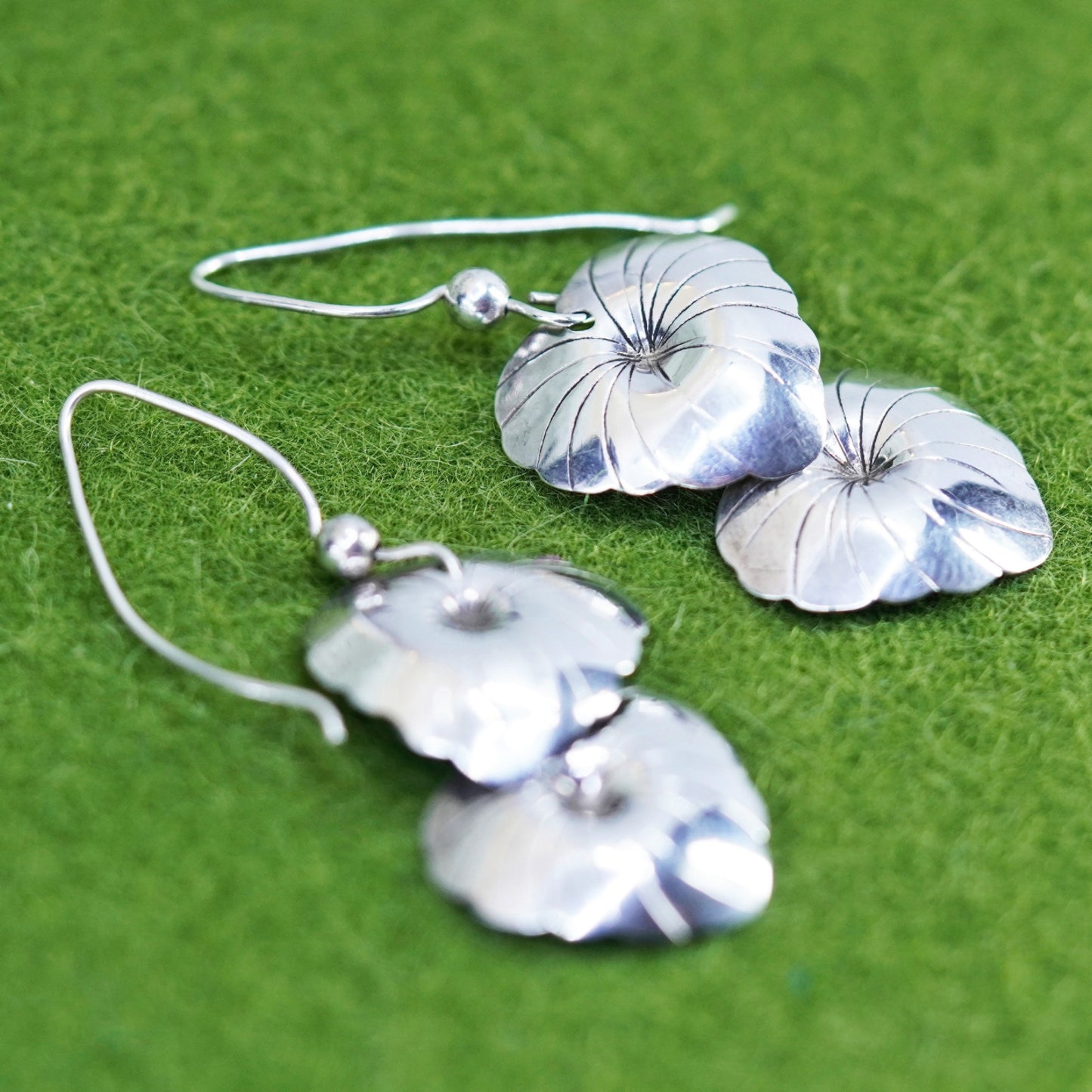 Vintage Sterling silver handmade earrings, geometric drops, leaf drops